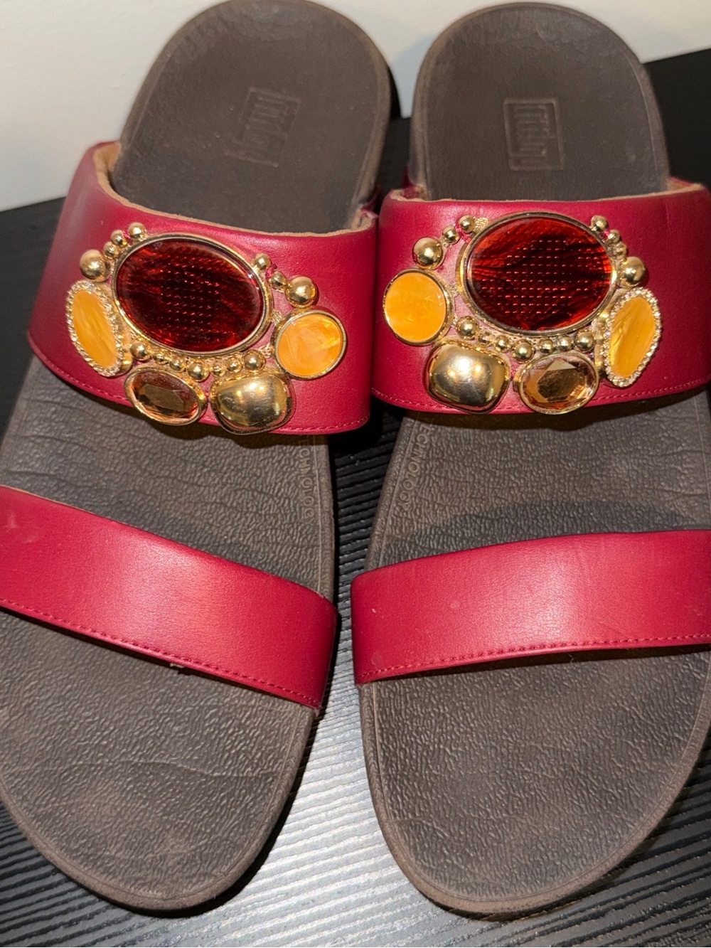 Fitflop Red Slide Sandals with Gold and Amber Jewel Accents
